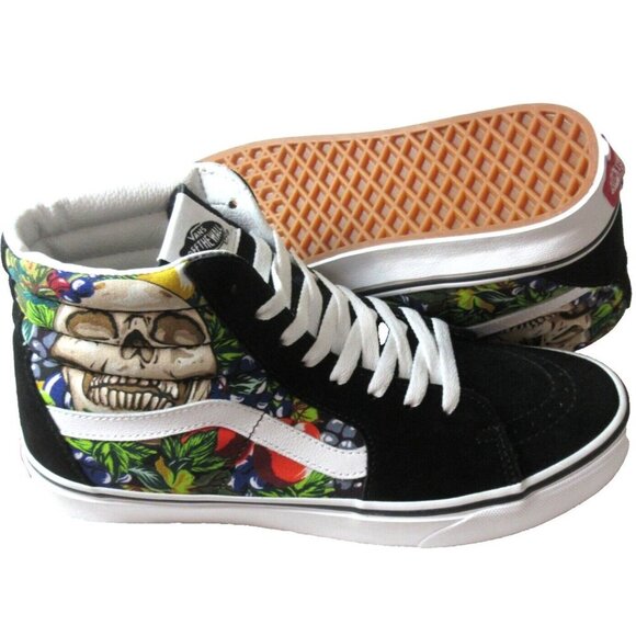 Vans Men's Sk8-Hi Fruit Skull Skeleton Black White Striped shoes Sizes NIB - Picture 2 of 5
